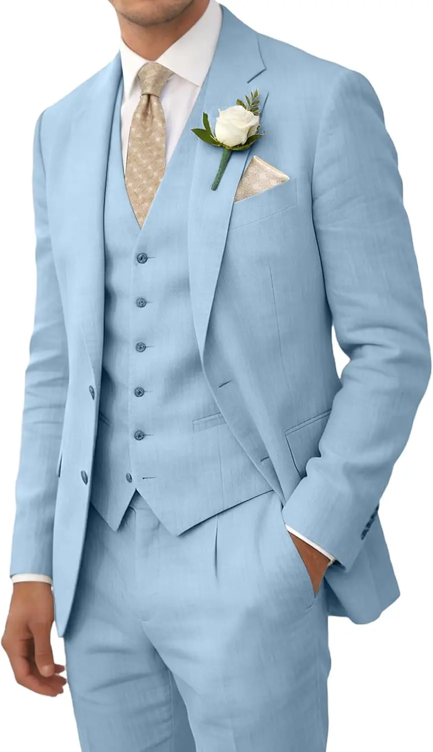 Retro Linen Men Suits Beach Wedding Suit Summer Slim Fit 3 Pieces Light Weight  Jacket Vest Pant Tuxedo