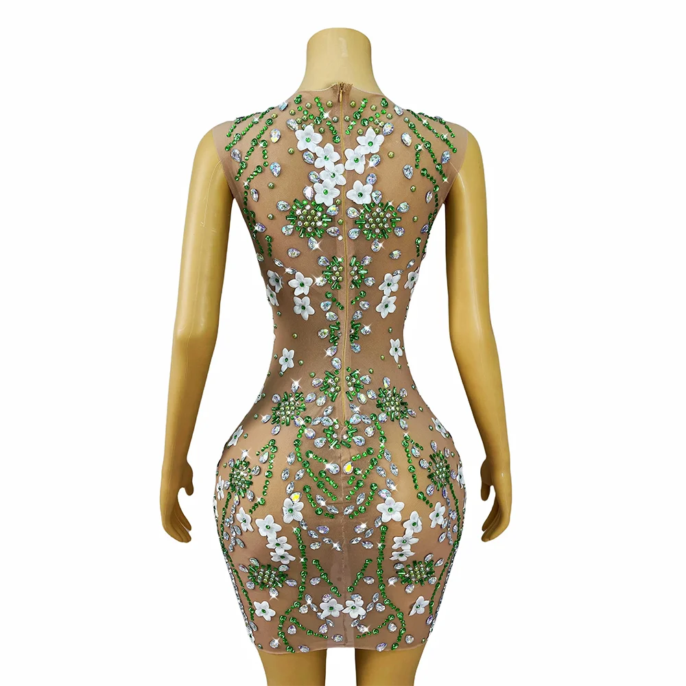 Krótka Elegancka Biała Sukienka z Kwiatami, Błyszczącymi Cyrkoniami, Seksowna Sukienka z Siateczki w Kolorze Nude, Damska Sukienka Koktajlowa na Imprezę, Suknia na Czerwony Dywan, Kostium Sceniczny