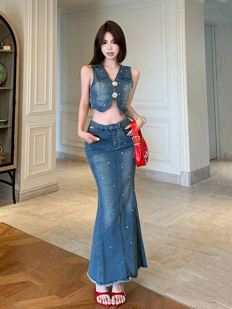 Women Denim 2-Piece Sets Long Skirts Set V-Neck Sleeveless Diamond Tops + Fishtail Long Jeans Skirt Clothing Suits High Quality