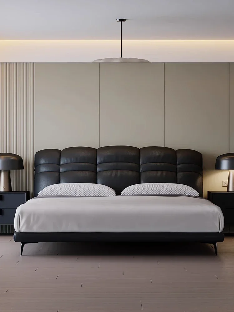 Italian light luxury leather, marshmallow double, puff soft bag, small apartment 1.8 meters storage bed