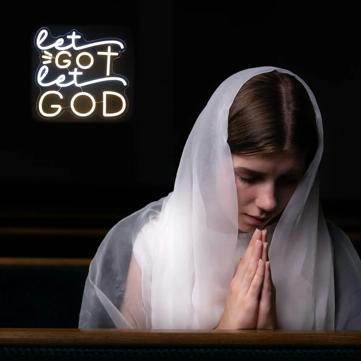 Let Go Let God Neon Sign LED Wall Art Cross Christian USB Powered Dimmable Light Prayer Room Bedroom Church Inspirational Decor