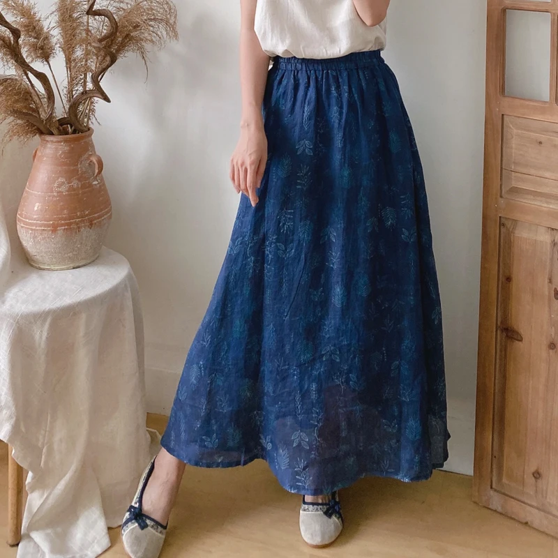 

Johnature 2024 New Ramie Elastic Waist Vintage Print Women Skirts Summer Casual All Match Loose Blue Female Skirts