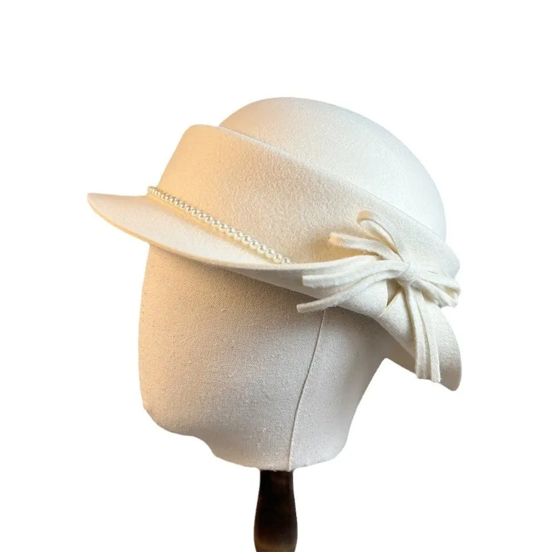 

Pure Wool Bucket Hat for Women French Style Elegant Pearls Bow Fedoras Church Cocktail Party Sombreros Soft Warm Felt Chapeu