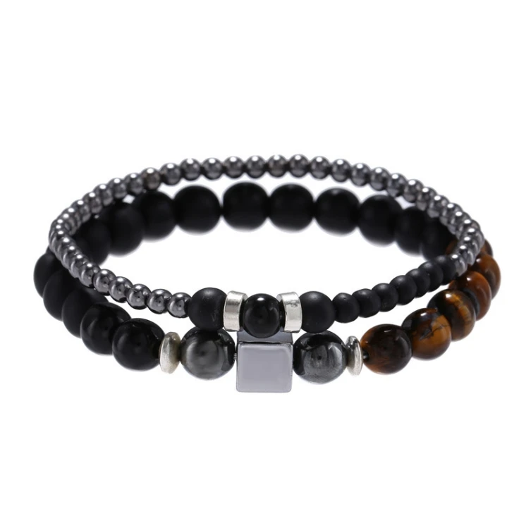 European Style  retro 8mm black frosted tiger eye stone 4mm black iron stone cube elastic bracelet bracelet set