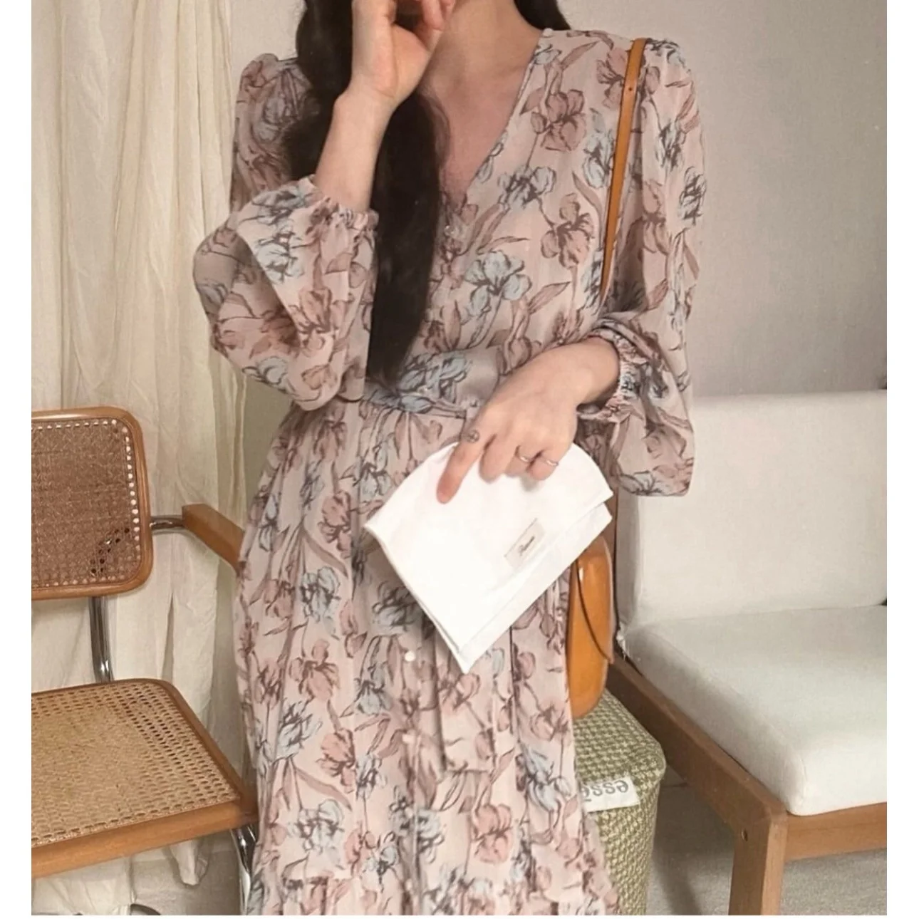 2026 New Fashion Retro Floral Print Elegant Dress Women's Sweet Style Maxi Skirt Long Sleeve Casual Occasion China Made
