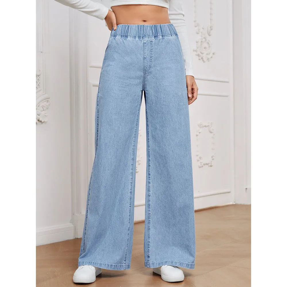 

Retro Women's High Waist Straight Leg Loose Wide Leg Jeans Casual Cotton Folded Hem Denim Pants Deep And Light Color