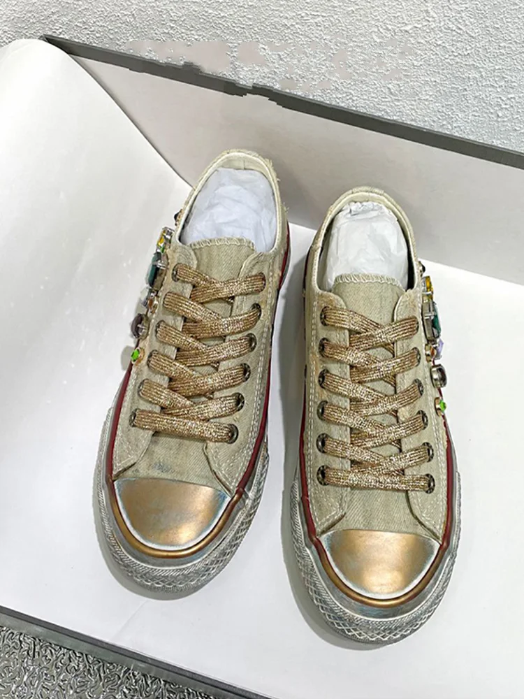 Kobiety w stylu Vintage głęboki dekolt diamenty brezentowych butów kobiet buty do biegania wiosna okrągłe Toe wiązane płaskie buty Jogger trampki