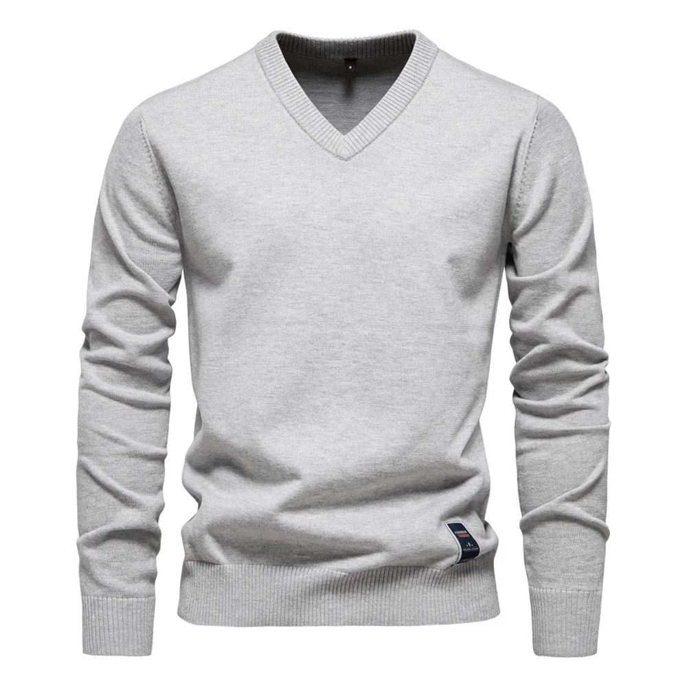 Autumn and Winter New Cotton Cross border Foreign Trade Solid Color Sweater V-neck Trendy Men's Sweater Men's Knitted Sweater