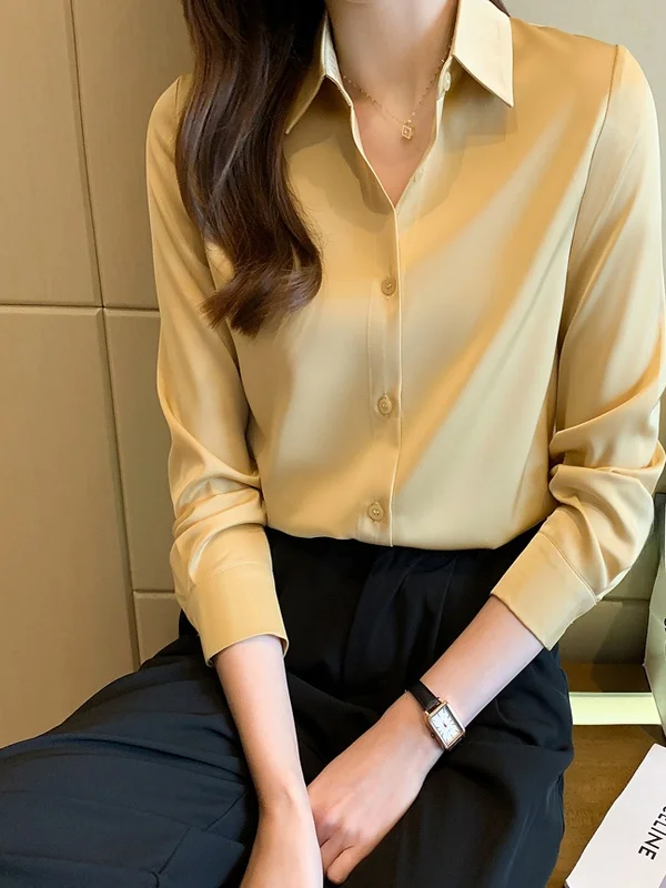 New Arrival Spring Heavyweight Silk Women's Long Sve  Silk Profional Satin White irt Commute Sle Straight Cut