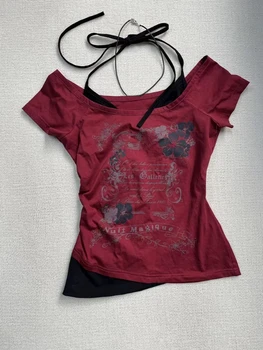 여름 레트로 퍼플 홀터 가짜 투피스 프린트 티셔츠 여성 Y2K streetwear hot girl 슬림 피트 하라주쿠 패션 캐주얼 탑 New