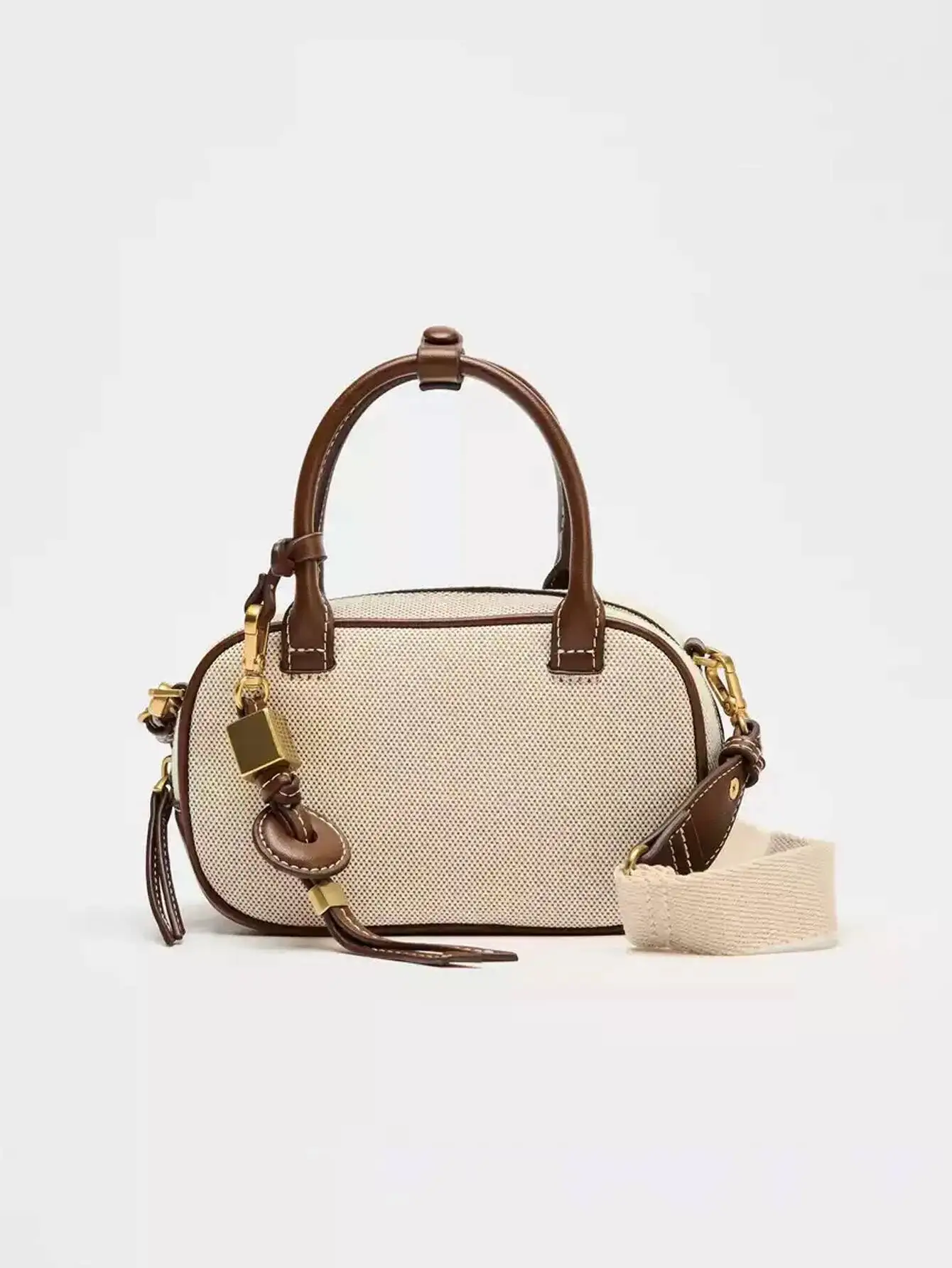 2025 New Niche Retro Color-Blocking Hand-Held Stylish Crossbody Canvas PU Small Square Bag, Single-Shoulder Bowling B