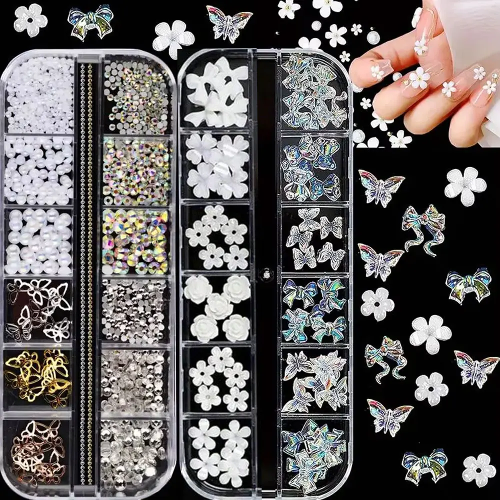 

2Boxees 3D Acrylic Flower/Butterfly Nail Charms 12grids AB Clear Rhinestones Round Pearl Bead Nail Decorations Nail Crafts Diy