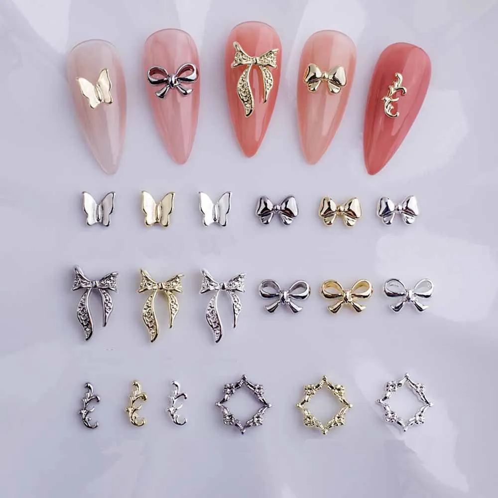 20pcs Alloy Ribbon Bow Nail Decoration 3D Gold/Silver Beauty Alloy Bow Design Nail Jewelry DIY Fashion Manicure Accessories