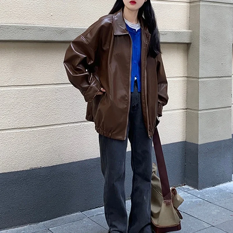 Blouson d'hiver en cuir noir femme, streetwear, long, avec fermeture éclair, pour motard