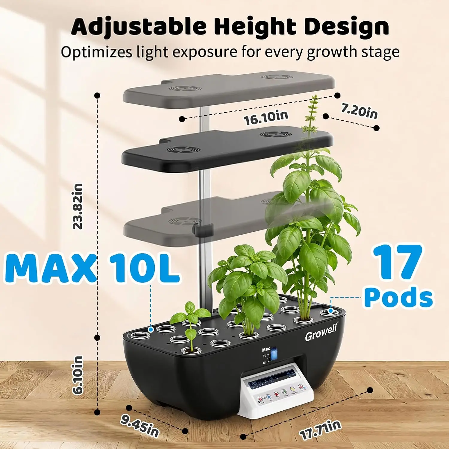 17 Pods Hydroponics Growing System Kit Indoor Garden 2 Fans Airflow Anti Mold LED Grow Light Smart Water Cycle Auto Timer 10L La