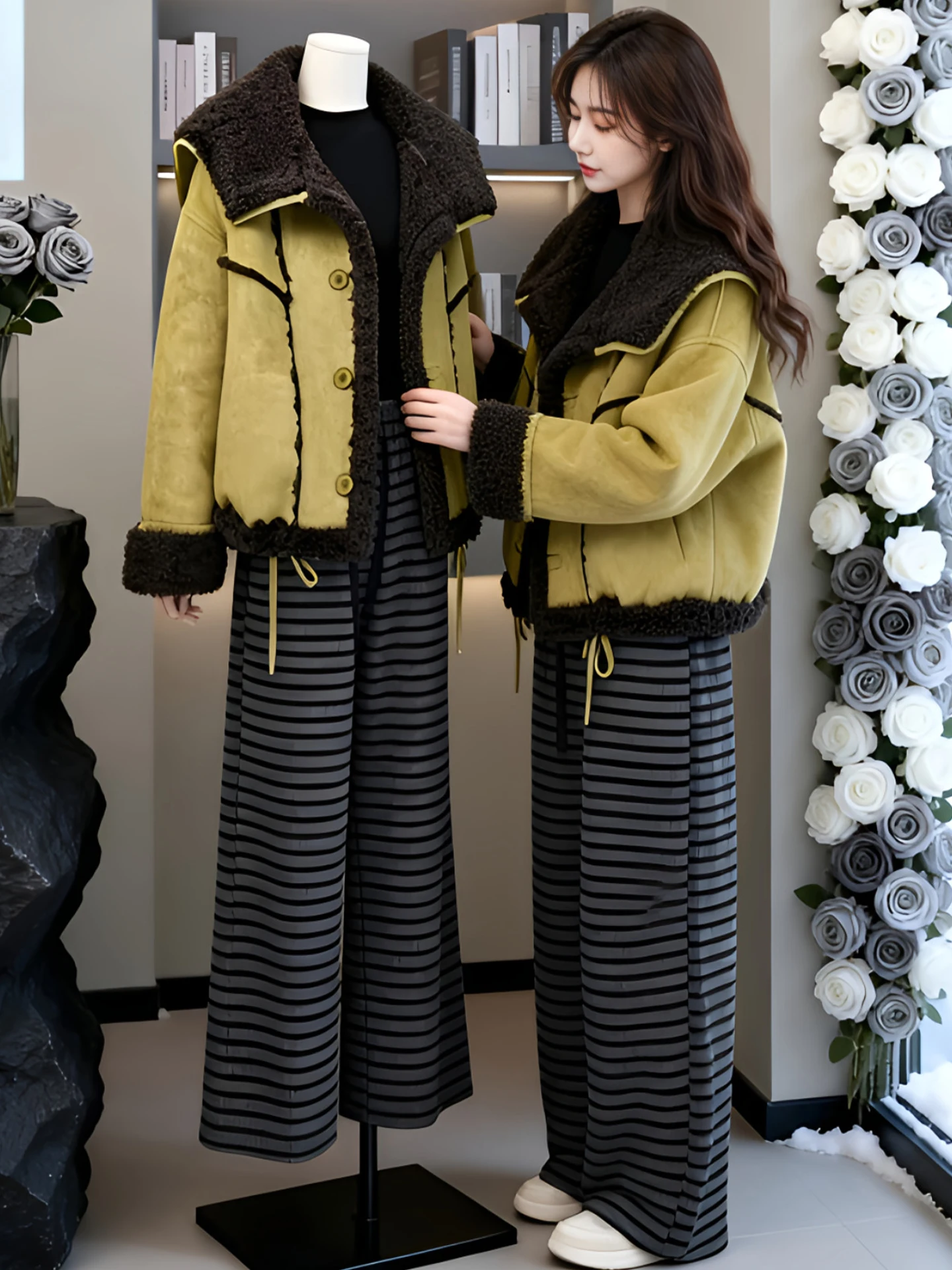 

Double-Sided Wear Thickened Women's Jacket Fashionable Splicing Fur Winter New Style Warm Top Commute Style Loose Fit Long Sl...