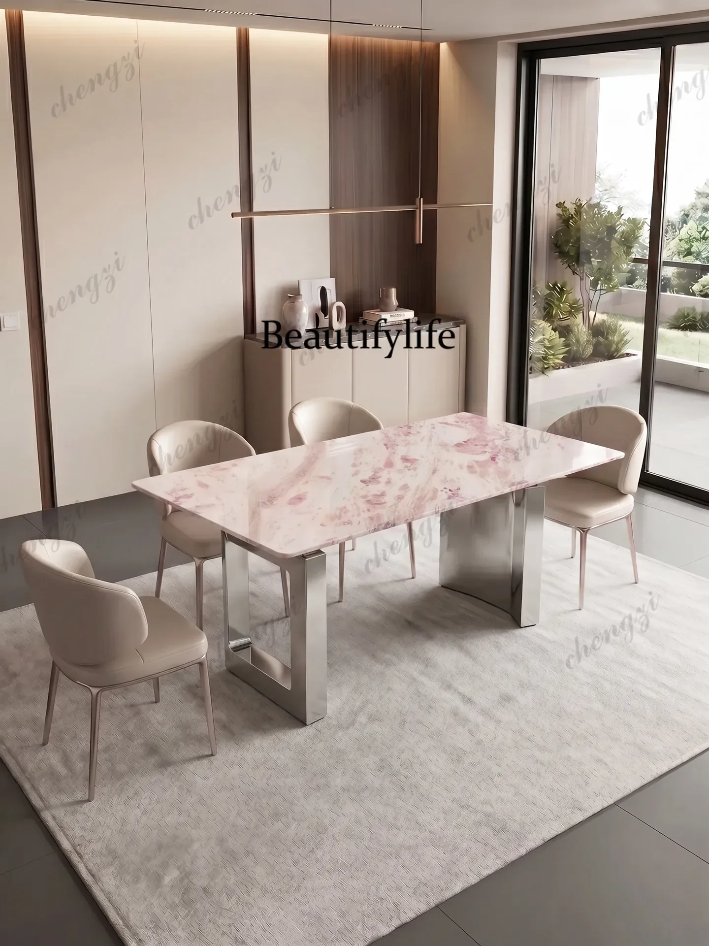 c139 Pink diamond luxury stone dining table, living room villa rose rainbow natural marble long dining table