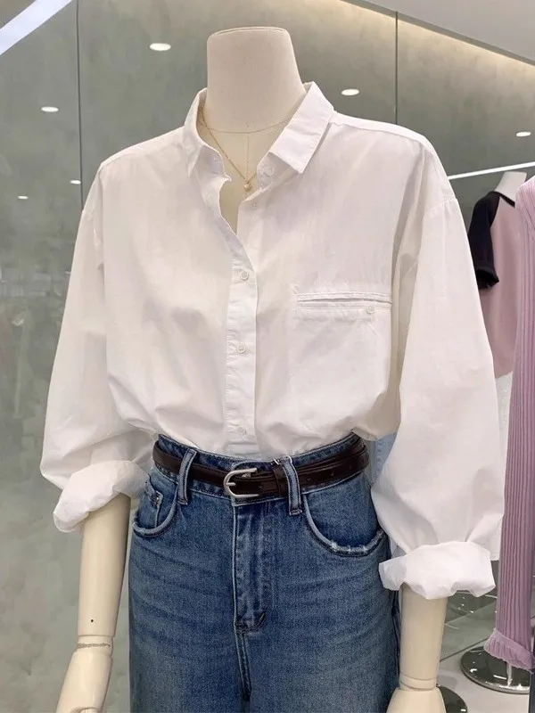 

Casual Style Pure Color Loose Long Sleeve Shirt Women's Korean Version Elegant Small Collar Versatile Casual Shirt Jacket