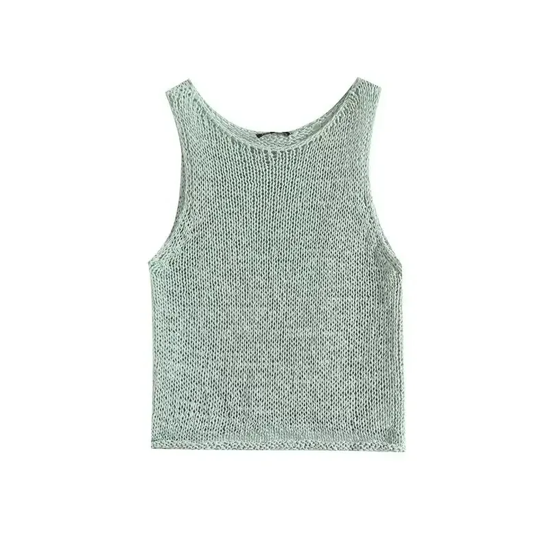 Women Spring and Summer New Fashion Sweet Pink Knitted Sleeveless Vest Chic Round Neck Side Split Top