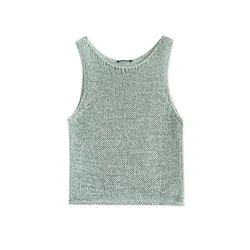 Women Spring and Summer New Fashion Sweet Pink Knitted Sleeveless Vest Chic Round Neck Side Split Top