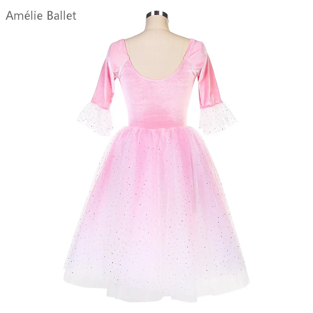 

25049 Pink Velvet Top Bodice Romantic Long Ballet Tutu Adult Girls Mid-Sleeves Ballet Stage Performance Dance Costumes