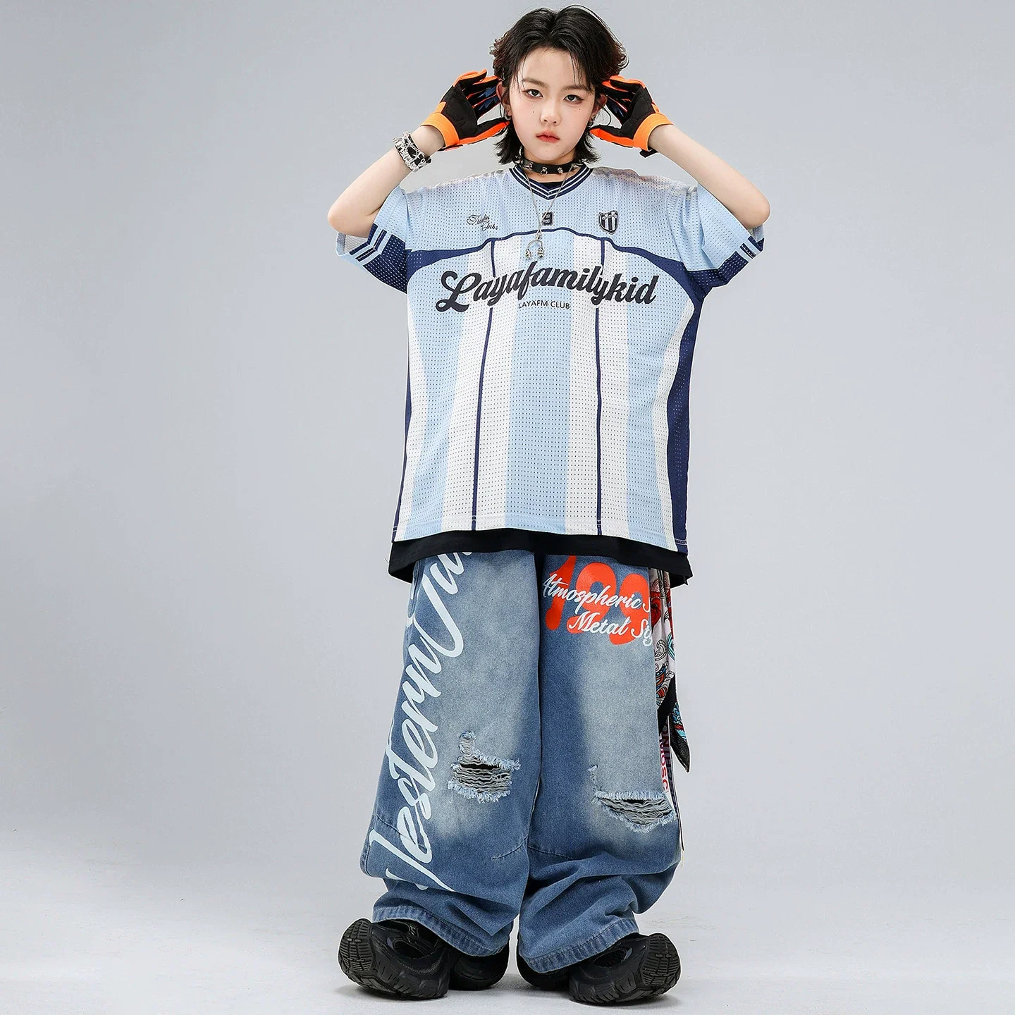 Children Boys Gilrs Summer Streetwear Hip Hop Sport Short Sleeve T-shirt Denim Jeans Pants Sets Stage  Costume Kids Tracksuits
