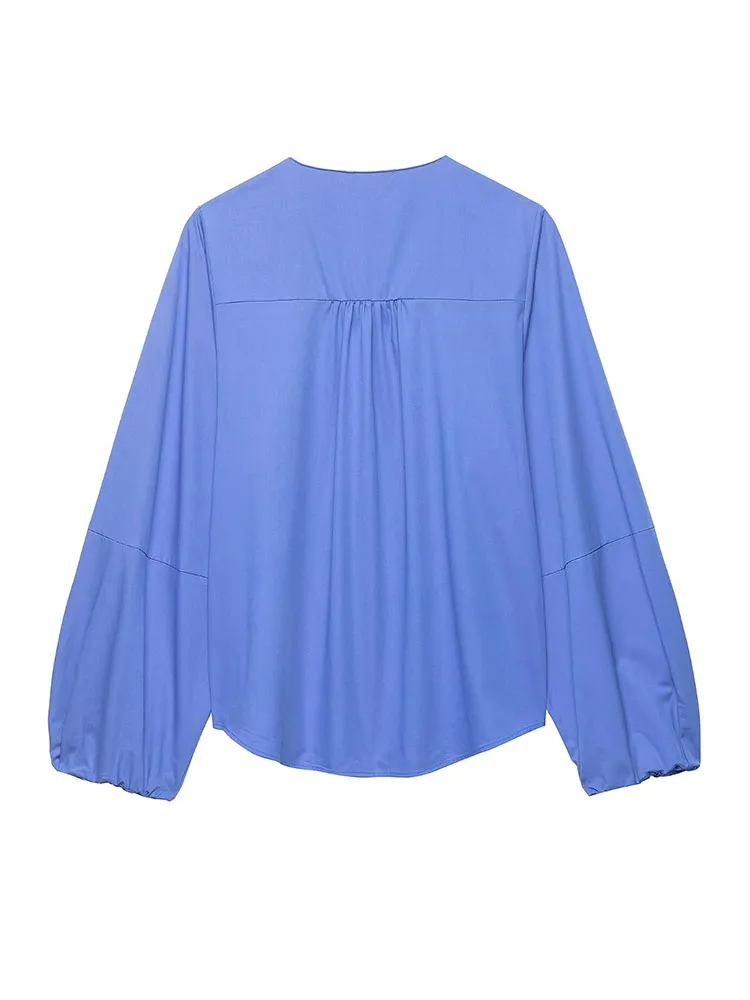 HH Damesmode Vintage Poplin-shirt met ronde hals en ballonmouwen Vrouwelijke High Street Casual Rits Lange mouw Pullover Tops Mujer