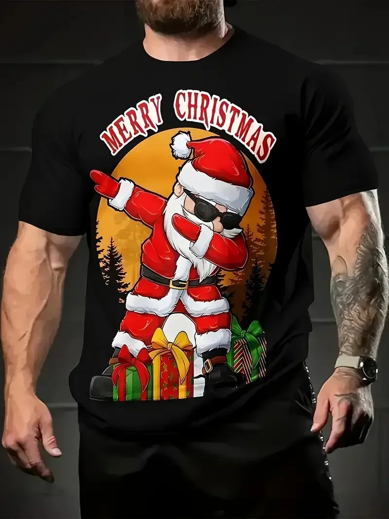 Fun Santa Claus Cartoon Pattern 3Dprint Men's Women's Sporty Breathable Loose T-shirts, for Christmas Party Hip-hop Couple Style