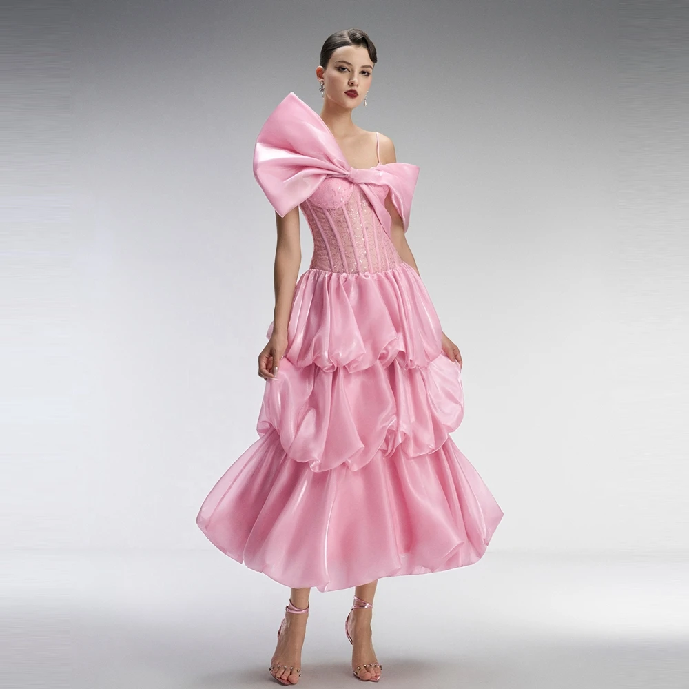 

One‑Shoulder Bow Ruffle Party Dress Pretty Lace Mesh A Line Evening Prom Gown Puffy Tiered Tulle Summer Women Maxi Dress