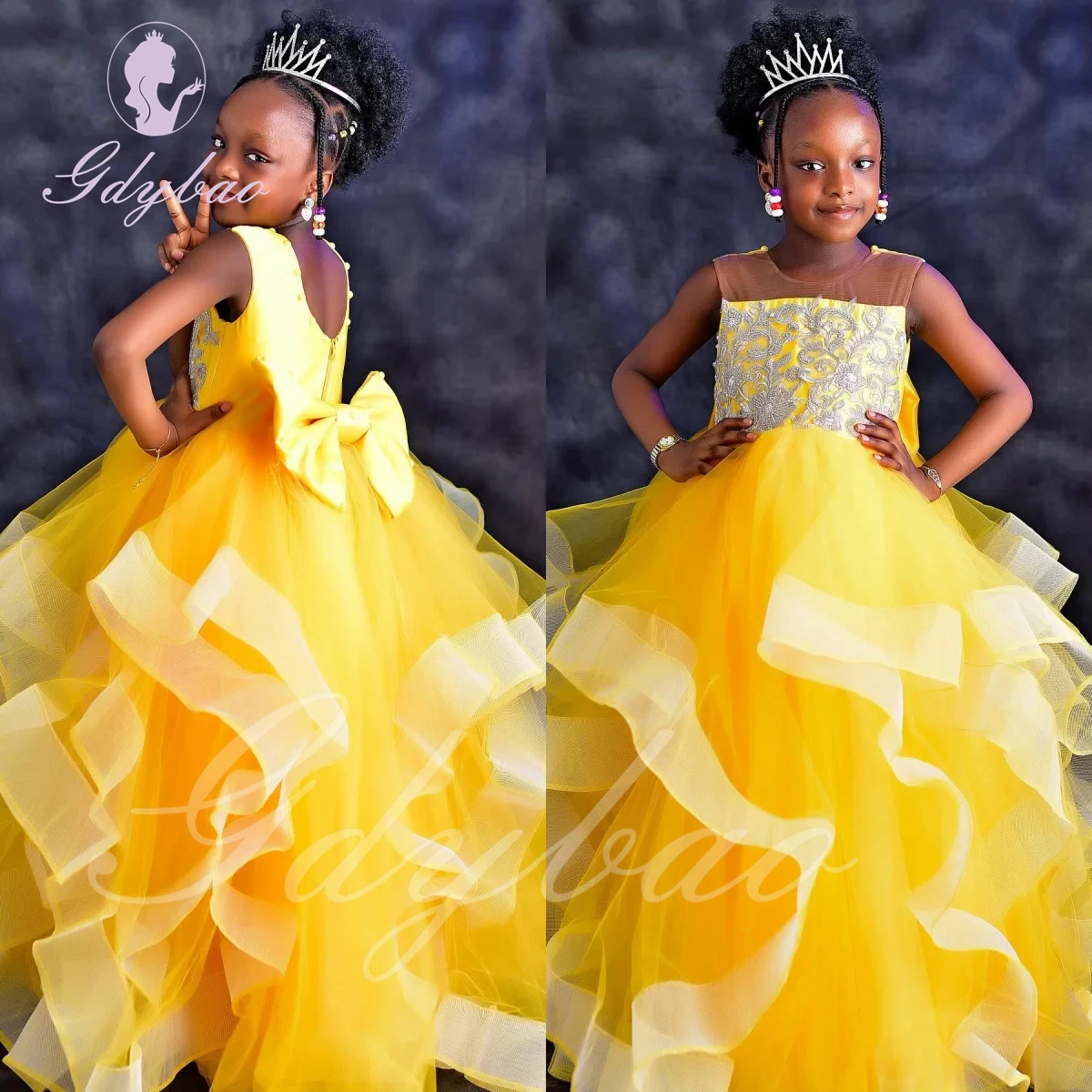 

Yellow Flower Girl Dress For Wedding Tulle Puffy O-Neck Ruffles With Bow Kids Birthday Party First Communion Ball Gowns New