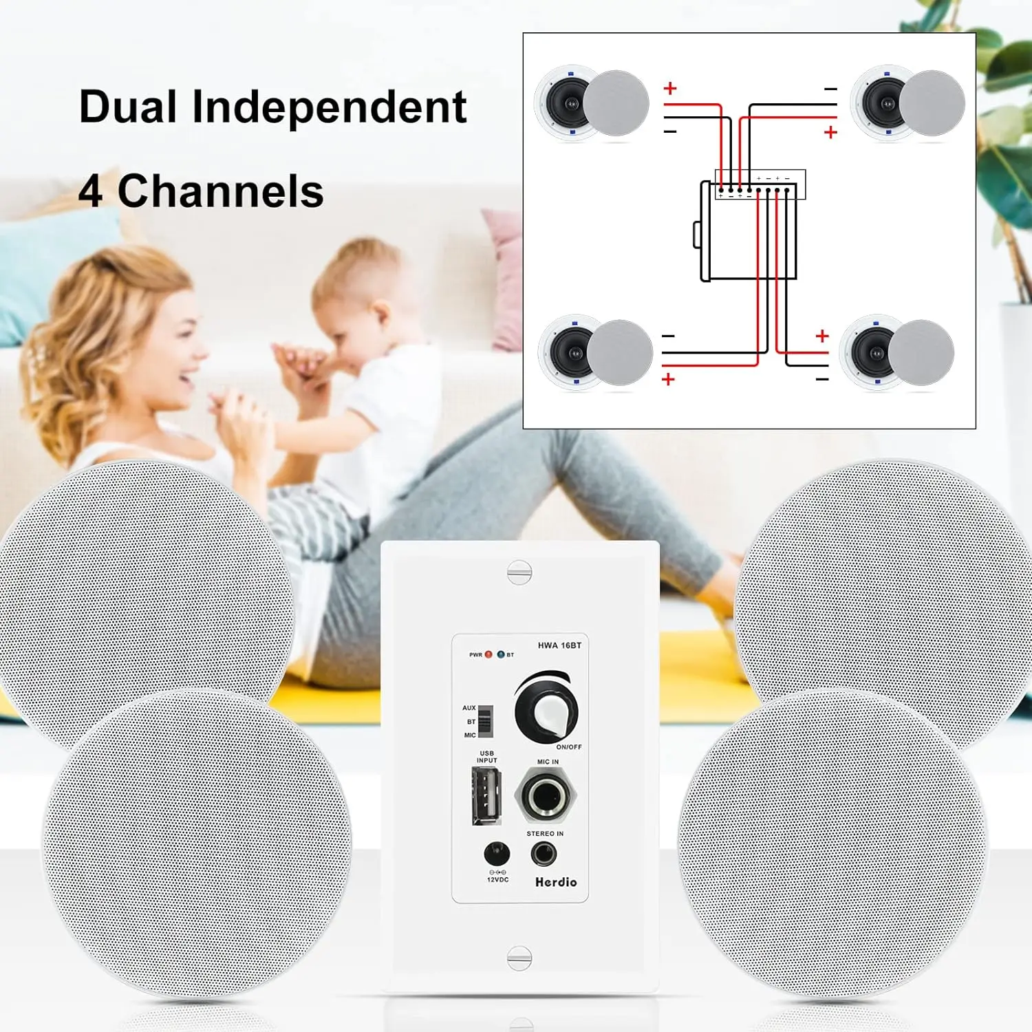 Herdio Bluetooth Wall Amplifier 4 Channels Volume Control Wall Plate USB/MIC/AUX Inputs Connect 4 Speakers With 12V 3A Power