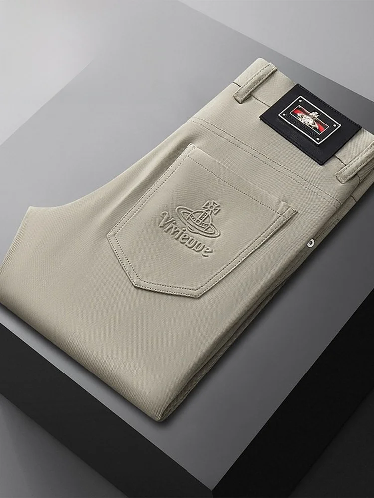 

Ice Silk Slim Fit Casual Pants for Men Summer Thin Faion Luxury Busin Straight Leg Long Trousers High Waist Zipper Fly