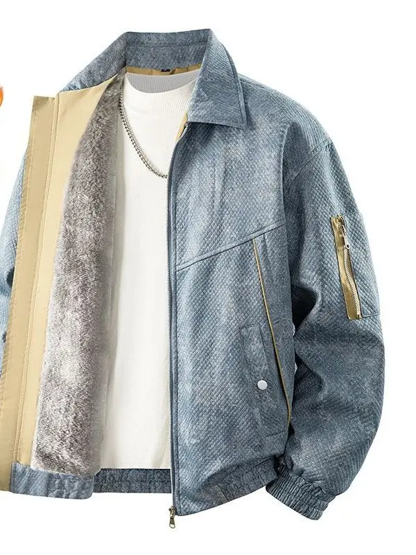 

Casual Style Fleece Lined Thickened Long Sleeve Loose Fit Jacket for Men Spring Autumn Fashionable Windproof Outerwear