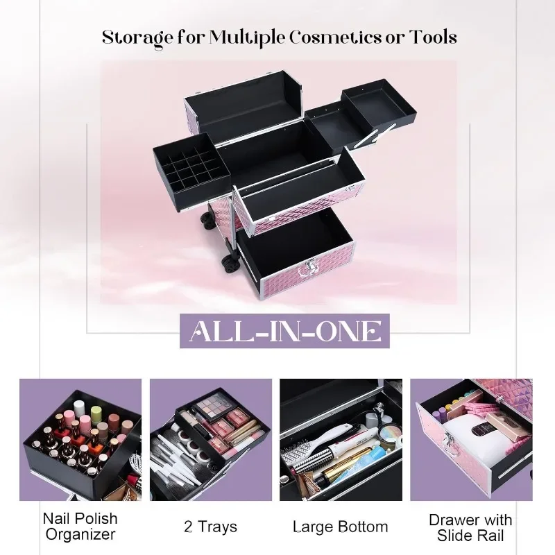 Rolling Nail Case Wheeled Manicure Storage Case Polish Organizer Professional Makeup Trolley for Studio or Travelling Nail