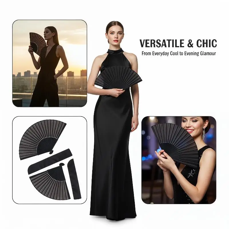 @*2026 New Black Classic Folding Hand Fan Vintage Portable Handheld Fan for Wedding Dance Party Home Decoration