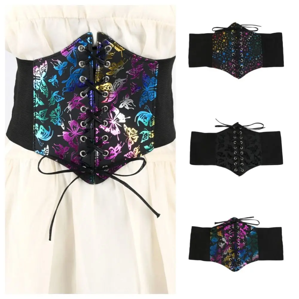 Fashion Butterfly Elastic Cummerbunds Printing Star Wide Belt PU Leather Solid Color Waist Corset Girl