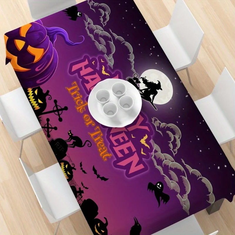 Jit 1 piece of Halloween tablecloth with a purple gradient background featuring a witch, a scary cat and a cemetery themezyc
