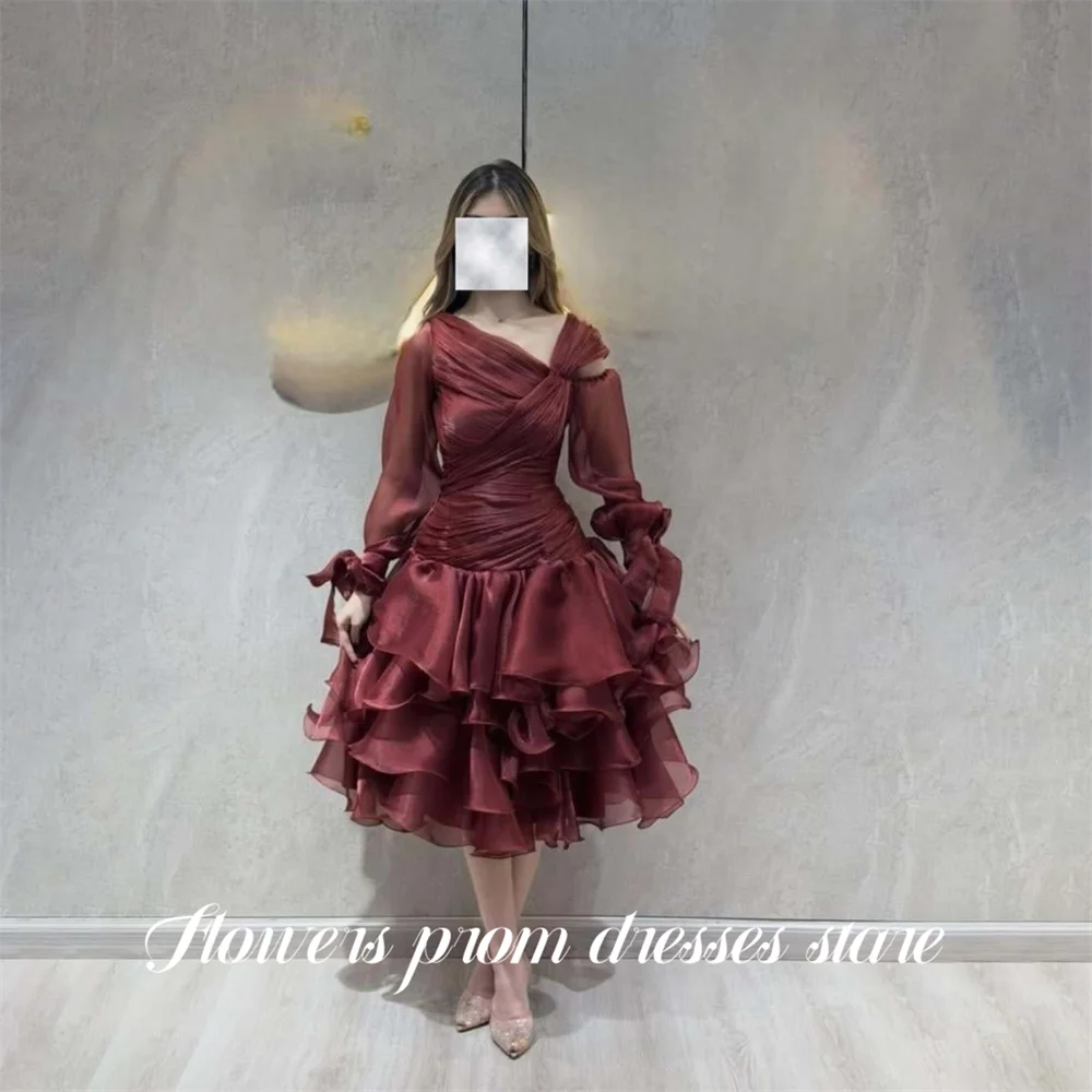 

Flowers Burgundy Evening Dress Off the Shoulder Full Sleeve Prom Dress Layered Tulle Party Dress Gala Dress for Women Customized