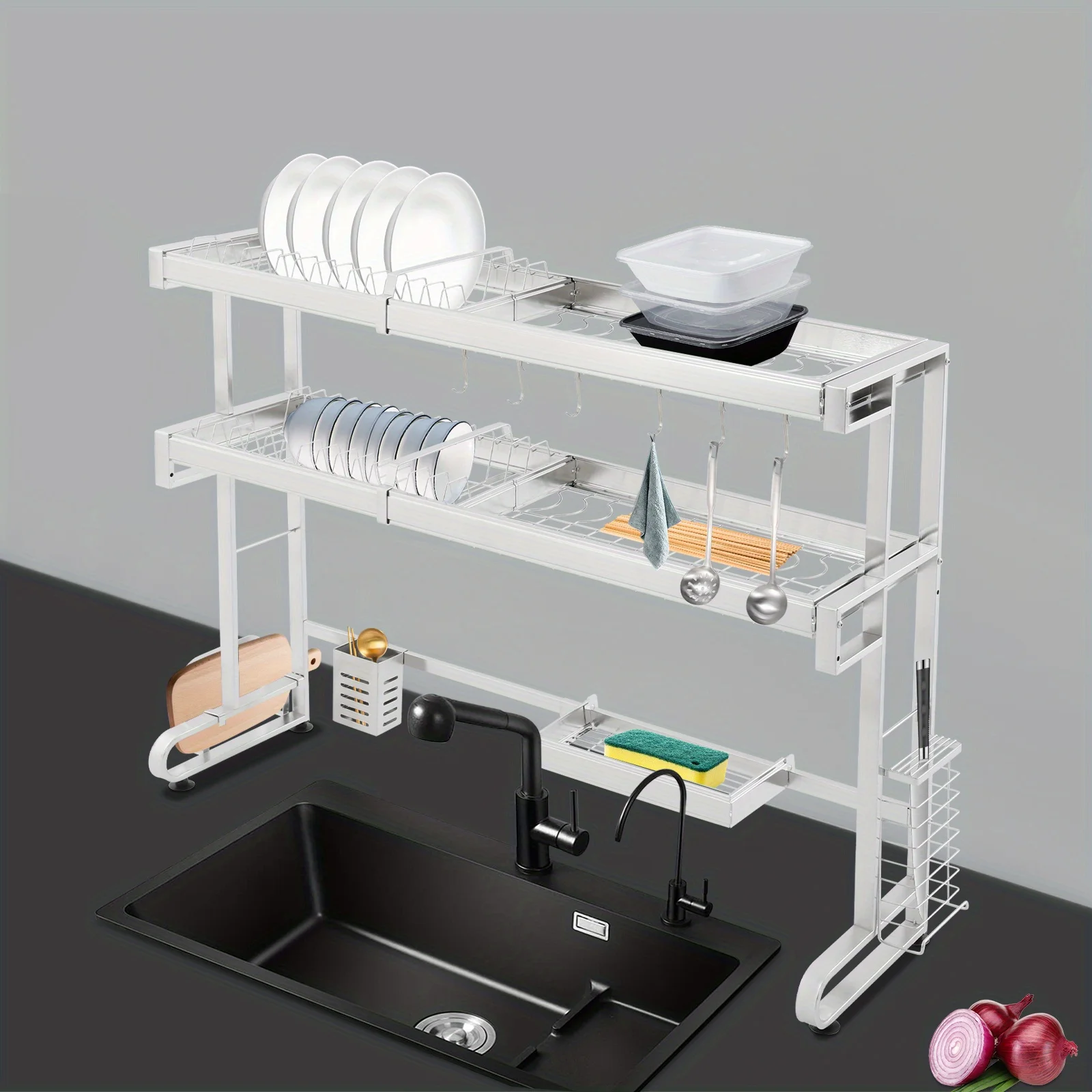 Rejilla para secar platos sobre fregadero de 2 niveles, rejilla para secar platos de acero inoxidable, organizador extensible sobre fregadero de cocina