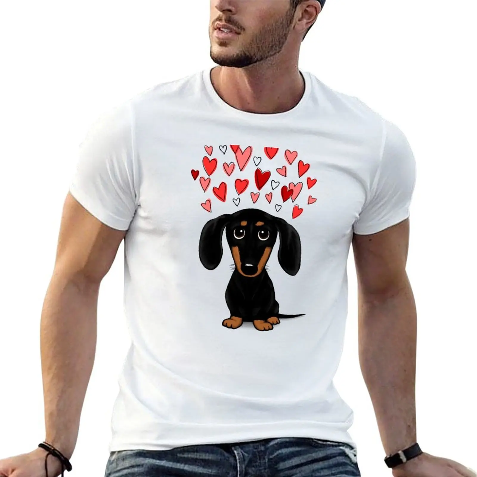 

Black and Tan Dachshund with Valentine Hearts | Cute Cartoon Wiener Dog T-Shirt essential t shirt t shirt man casual T-Shirt