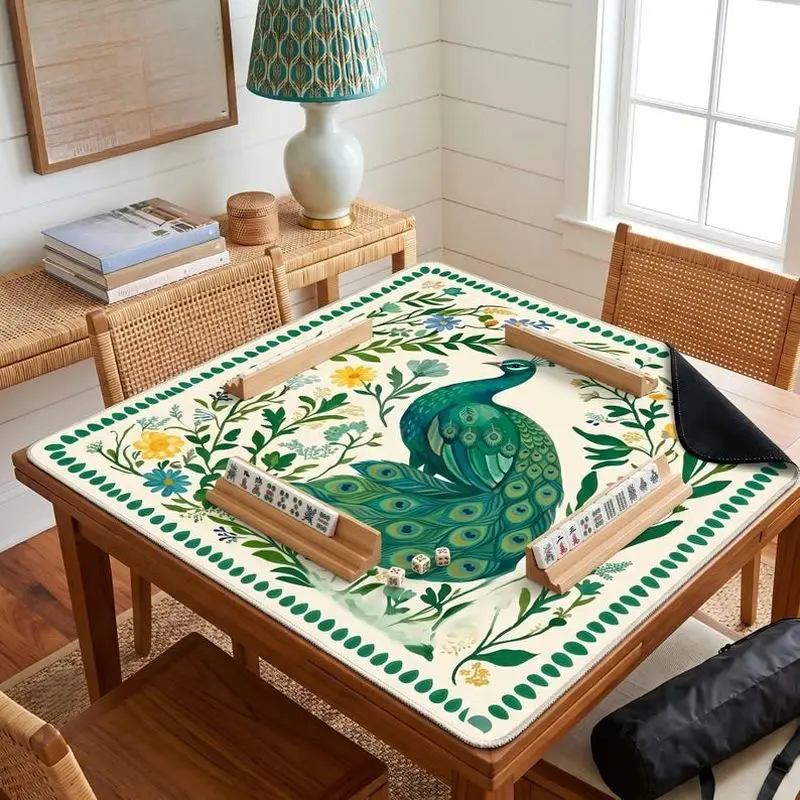 VIKAMA Green Peacock Floral Mahjong Mat Silent Pad For Outdoor Pool Party American Mahjong Poker Desktop Cover Non Slip