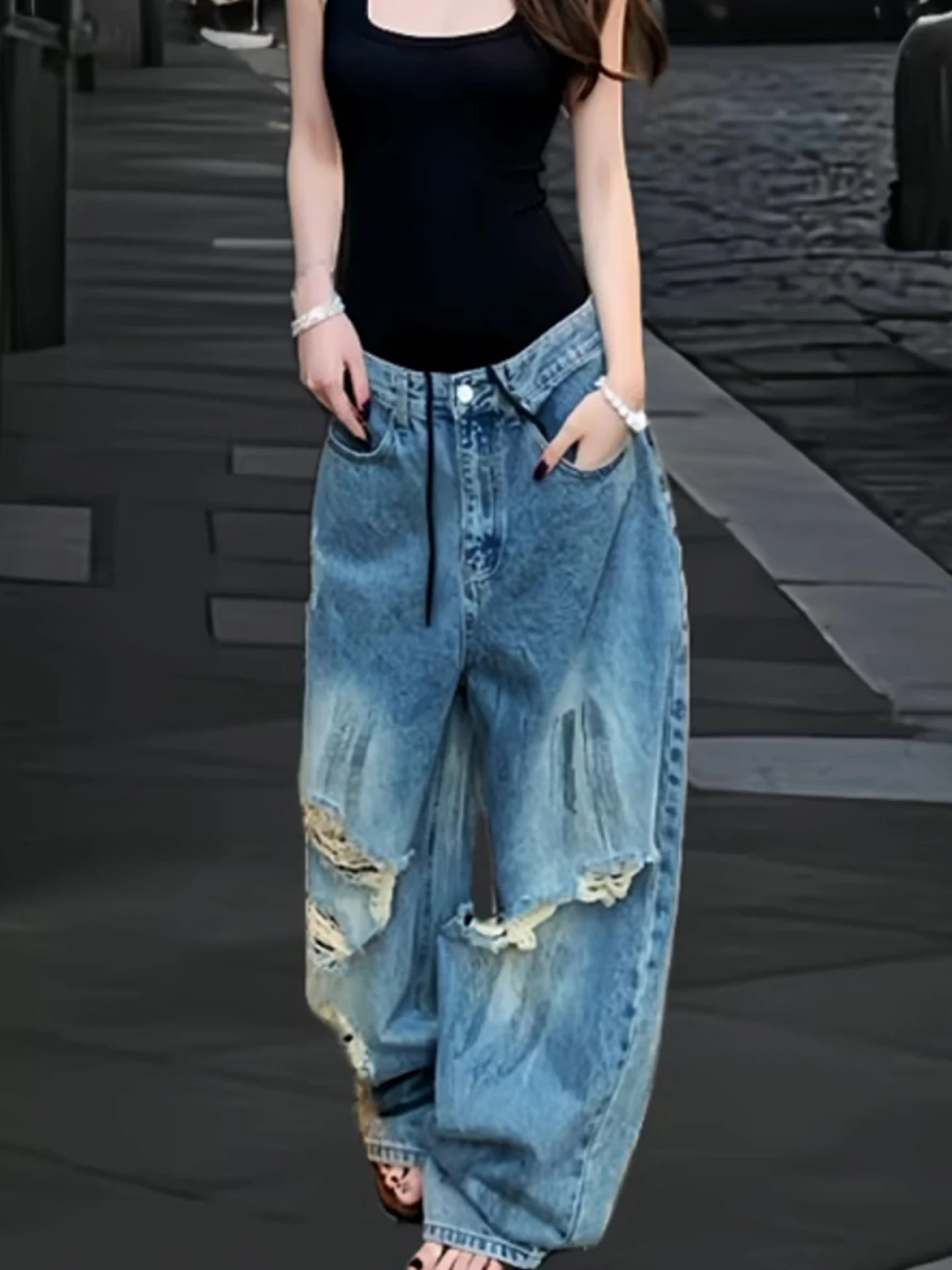 

Retro American Hot Girl Design High Street Washed Distressed Denim Jeans Women Summer Wide Leg Loose Floor-Length Pants