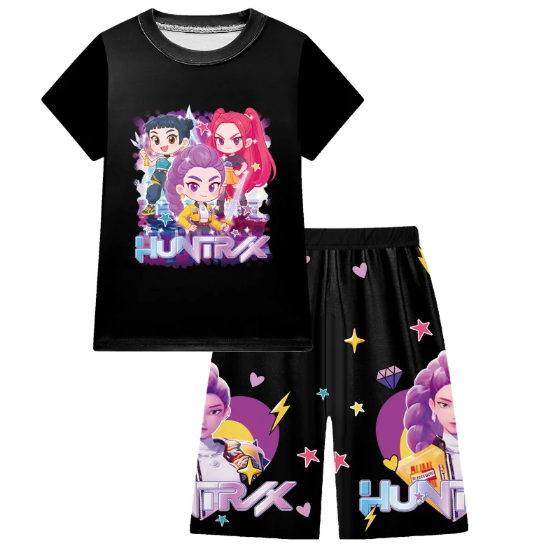 2 szt. Koszulki i szorty dla dzieci K-Pops Demons Hunters z nadrukiem 3D, bluzki, t-shirty, chłopięce i dziewczęce, codzienne koszulki z krótkim rękawem, odzież do spania dla dzieci