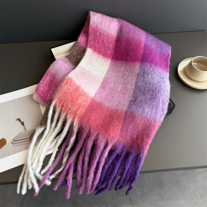 Warmer Dicker Winterschal für Damen, Mohair, Kariert, Weicher Quastenschal, Pashmina, Großer Halsdecken-Schal – Detail 26