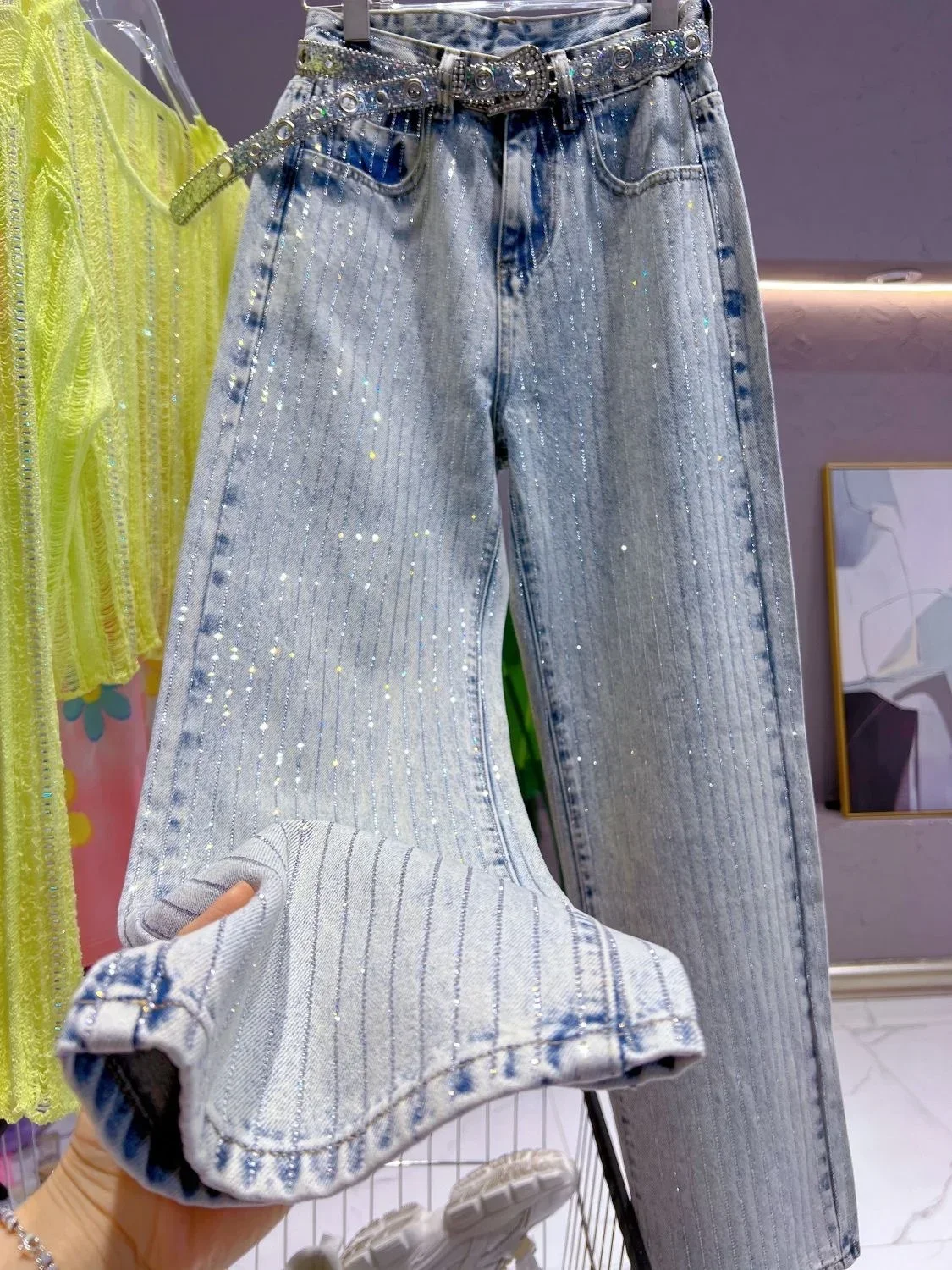 High-Grade Full Body Vertical Diamond Blue Jeans Women Heavy Industry Shiny Retro Straight Baggy Pants New Autumn Long Trousers