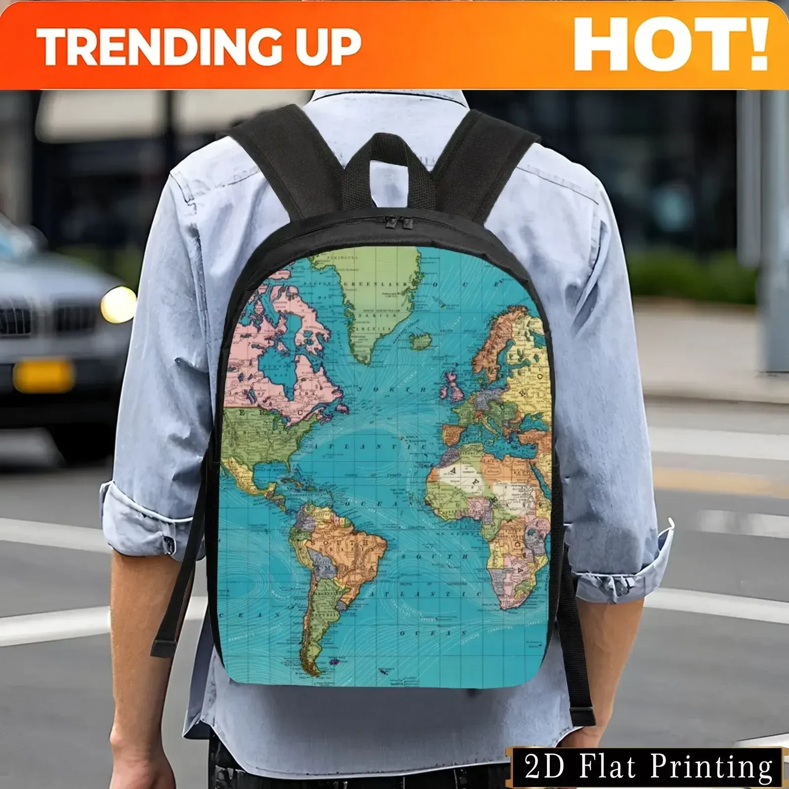 Custom World Map Print Casual Backpack Lightweight Large Capacity Unisex Daypack With Adjustable Straps & Side Pockets