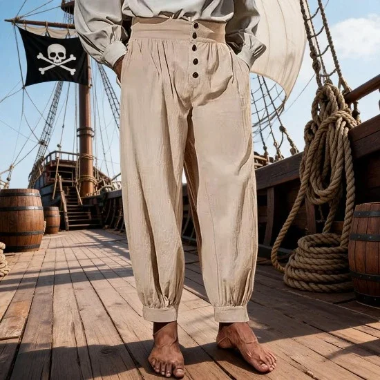 Men Vintage Medieval Pirate Trousers, Elastic Waist Button Pants for Renaissance Halloween LARP Cosplay, Daily Wear