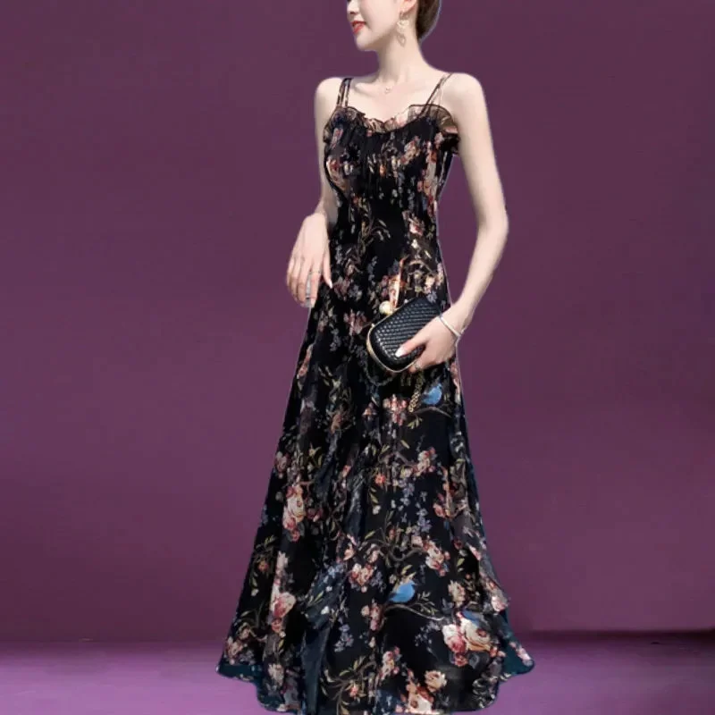 Français femme grande taille 4XL imprimé fleuri a-ligne robes été dames en mousseline de soie Maxi robe 2025 femmes bretelles longues robes