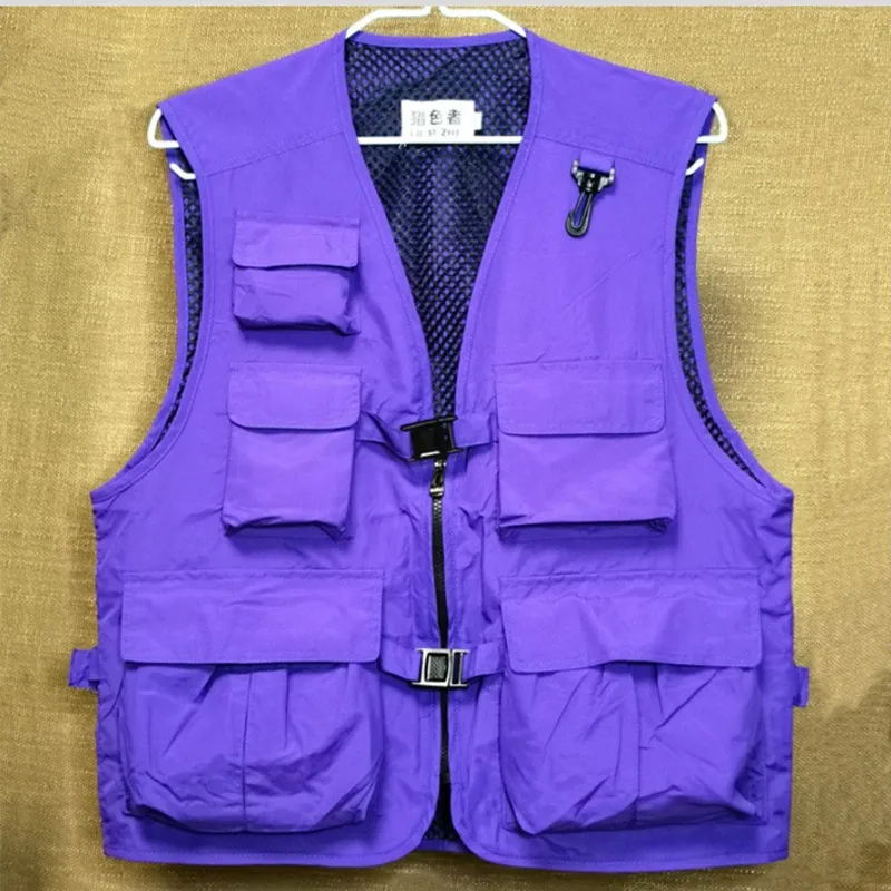 2023 Multi Pockets Techwear Tactical Cargo Vest Men Outdoor Photography Fishing Waistcoat Sleeveless Jacket Purple Red Color