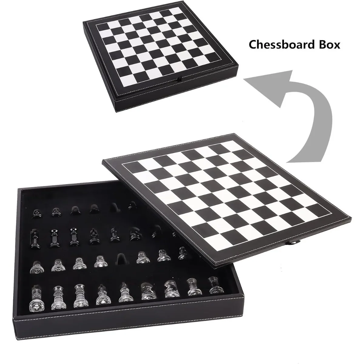 لعبة مجموعة الشطرنج الزجاجية، 2 كوينز إضافية، مع صندوق تخزين جلدي مقاس 13.2 بوصة/33.5 سم ورق شطرنج، لعبة لوحية للبالغين #2